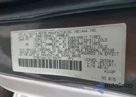 2003 Toyota Sequoia Sr5 V8 z USA, uszkodzony, nr VIN 5TDBT44A13S196235